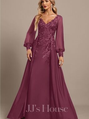 JJs House Plum Long Sleeve Lace Appliqué Evening Dress Mother of Bride